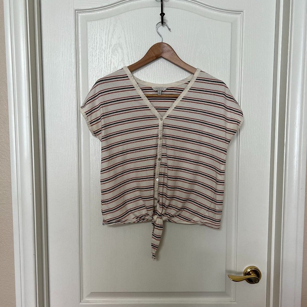 Lucky Brand Striped Blouse Women's Size Large Orange Tie Bottom 100% Cotton
